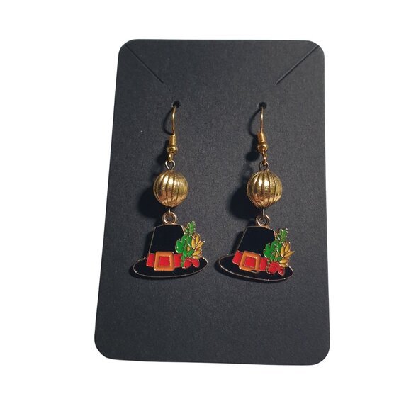 Thanksgiving Dangle Earrings Harvest Pilgrim Hats Lightweight Festive Jewelry - Picture 1 of 4